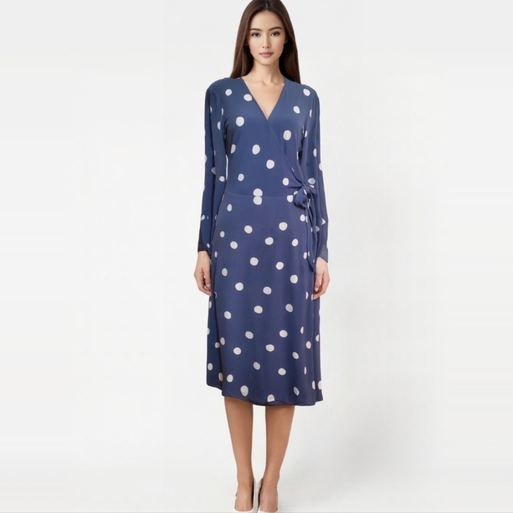 Oscar de la Renta slate blue ivory polka dot long sleeve midi wrap dress 8